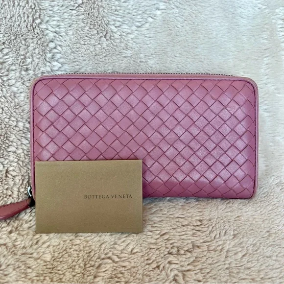 Bottega Veneta Nappa Intrecciato Pink Zippy Long Wallet Wallets